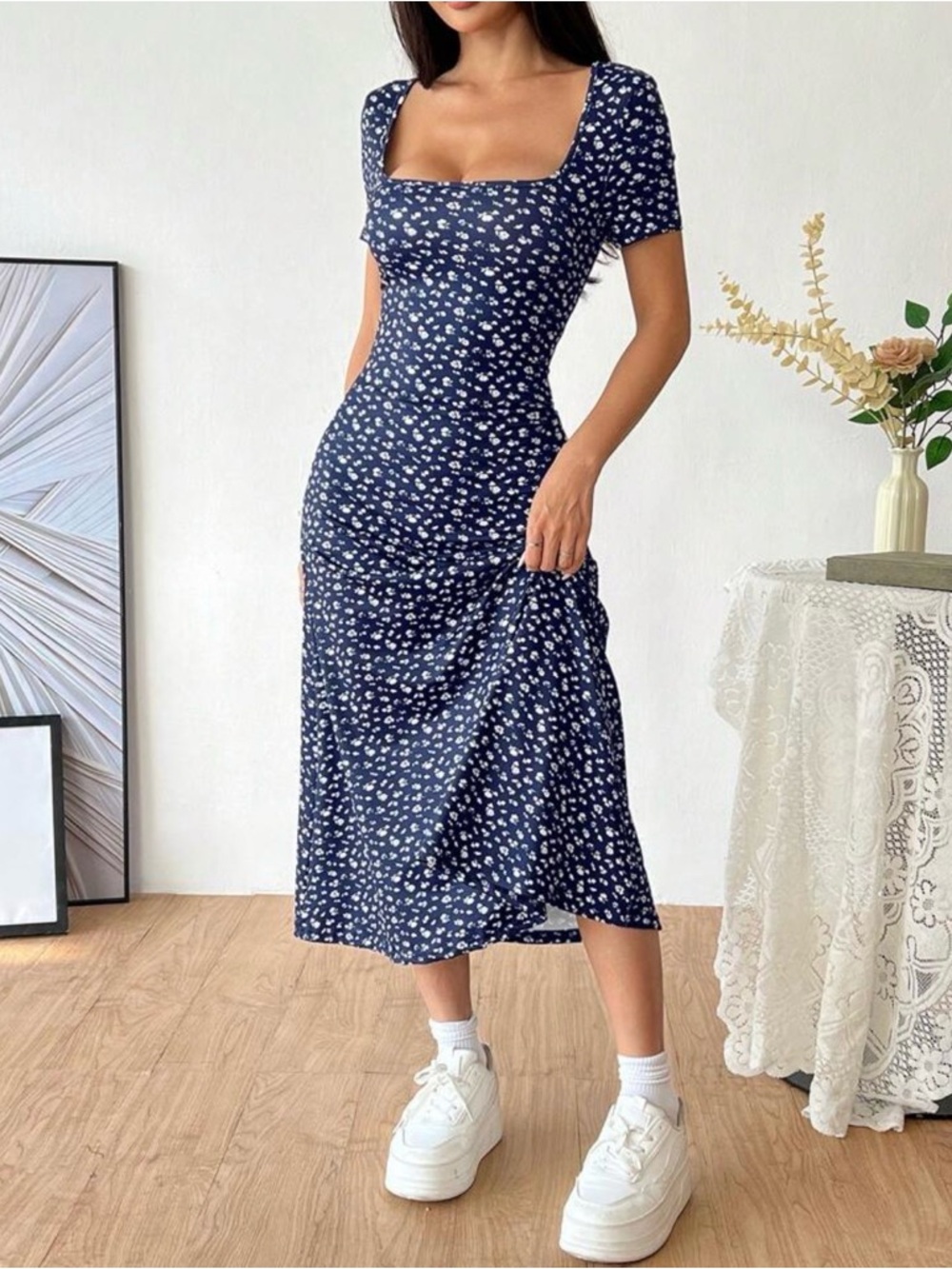 SHEIN Navy Floral Square-Neck Midi Dress